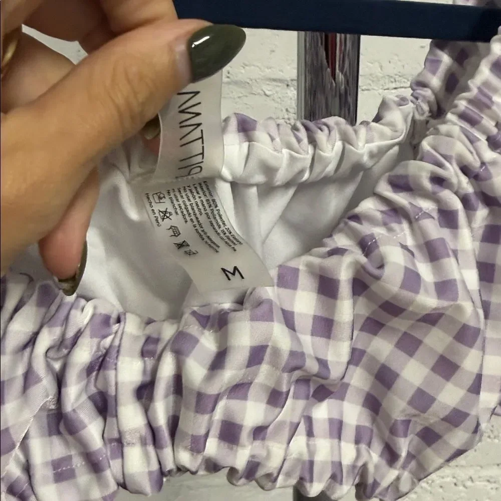 Cheeky Lilac Checkered Bikini Set Cute Off Shoulder Top Size Medium Bottom Large